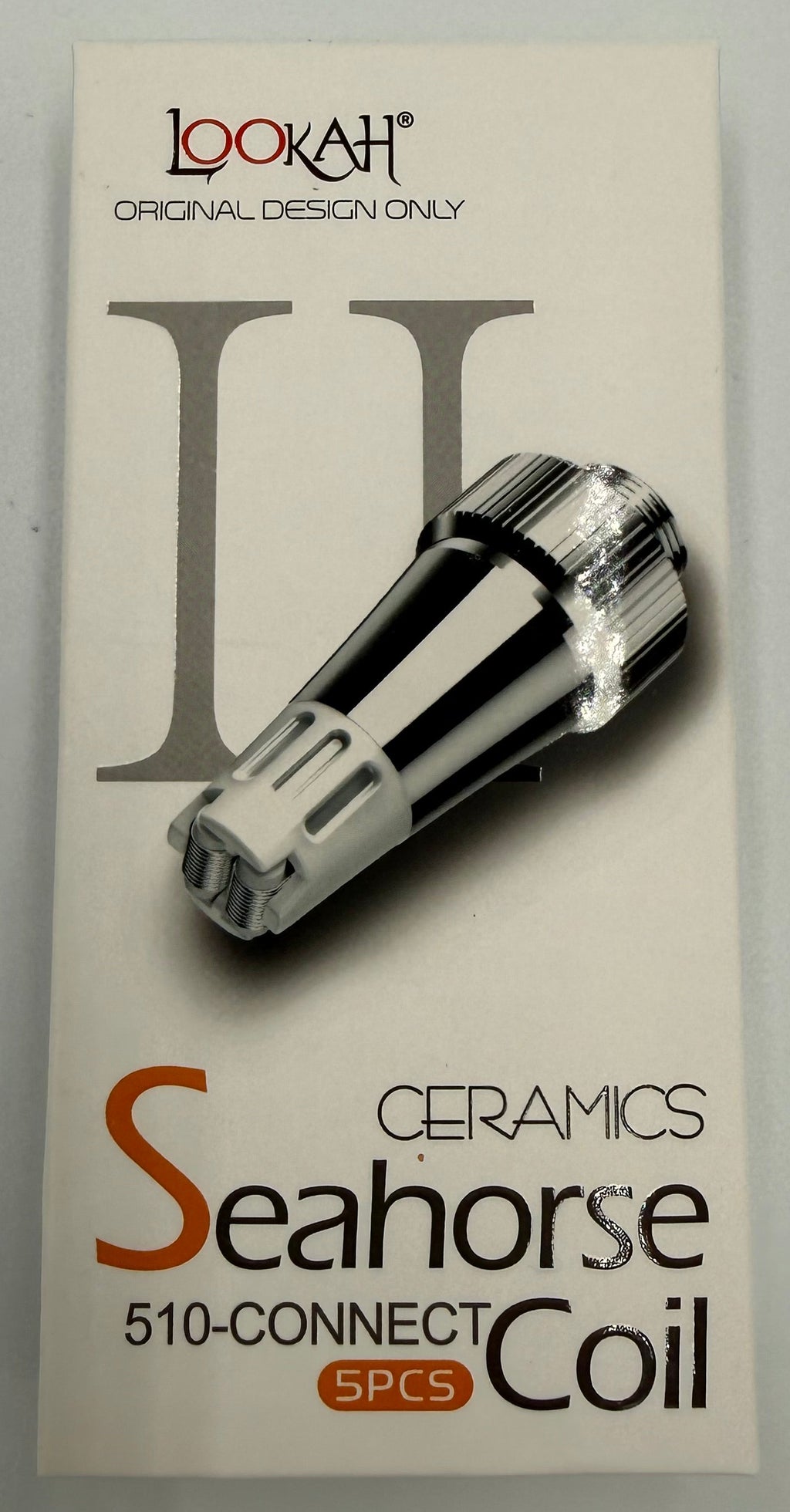 A boxed ceramic vape coil product on a plain light background. The package is white with black and orange text reading 'ceramics Seahorse 510-connect coil SRS' and shows a silver coil graphic.