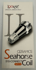 A boxed ceramic vape coil product on a plain light background. The package is white with black and orange text reading 'ceramics Seahorse 510-connect coil SRS' and shows a silver coil graphic.