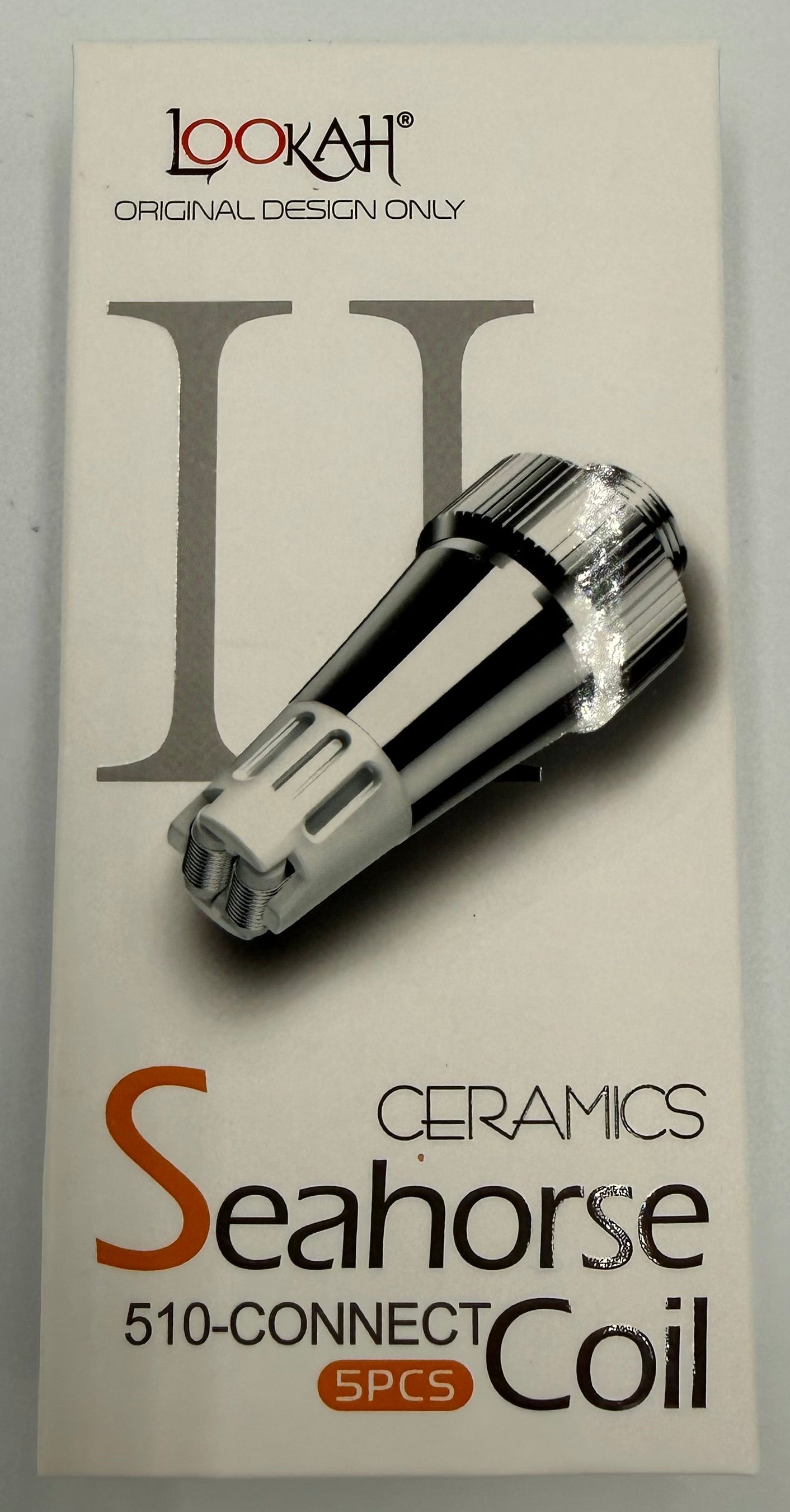 A boxed ceramic vape coil product on a plain light background. The package is white with black and orange text reading 'ceramics Seahorse 510-connect coil SRS' and shows a silver coil graphic.